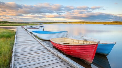 Fototapeta premium Fishing boats secured to wooden docks on a secluded, tranquil bay.