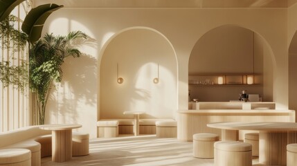 Minimalist cafe with white walls, sleek furniture, and green plants.
