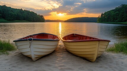 Fototapeta premium Paddle boats tied together on a sandy shore under the golden evening light.
