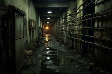 Dark, decaying industrial hallway with puddles reflecting light and old ropes hanging from the walls