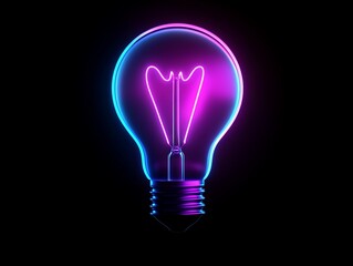 Glowing neon lightbulb on black background.