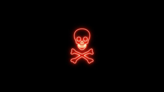 Neon danger icon concept 4k animation. Warning skull symbol. Death attention, and danger parson icon.