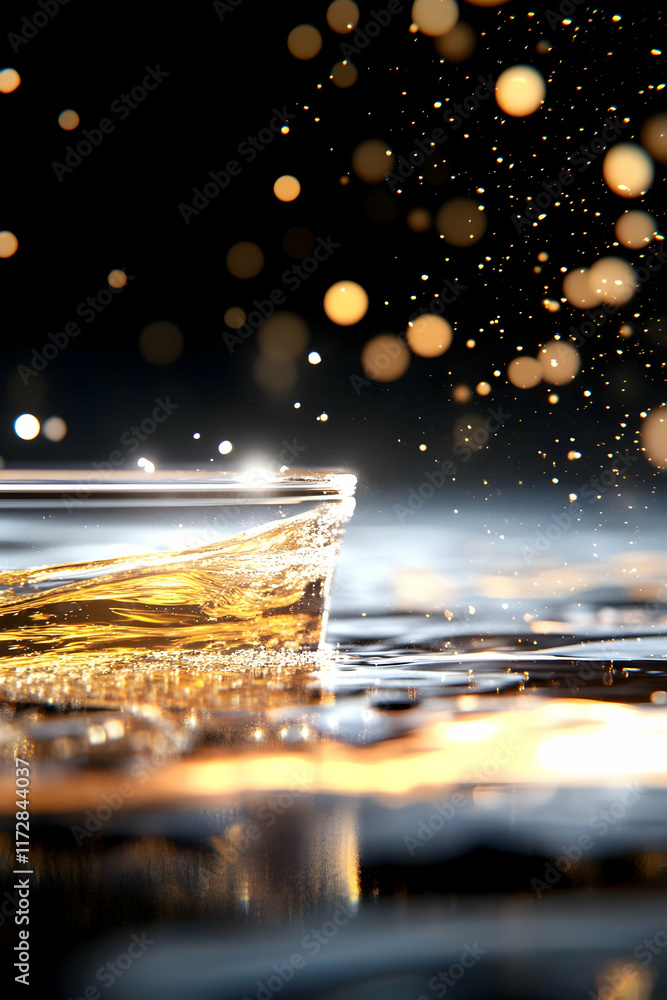 Poster golden liquid pouring into water, creating splashes and bokeh effect; dark background, suitable for 