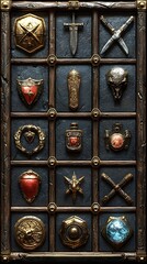 3D RPG inventory icons featuring weapons potions armor and tools on textured wood leather and metal backgrounds