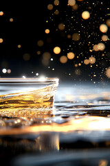 Golden liquid pouring into water, creating splashes and bokeh effect; dark background, suitable for advertisement or website
