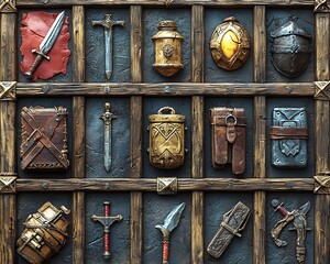 3D RPG inventory icons featuring weapons potions armor and tools on textured wood leather and metal backgrounds