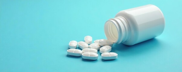 White vitamin pills spilling from the top of an empty bottle on a serene blue surface, vitamin pills, scattered