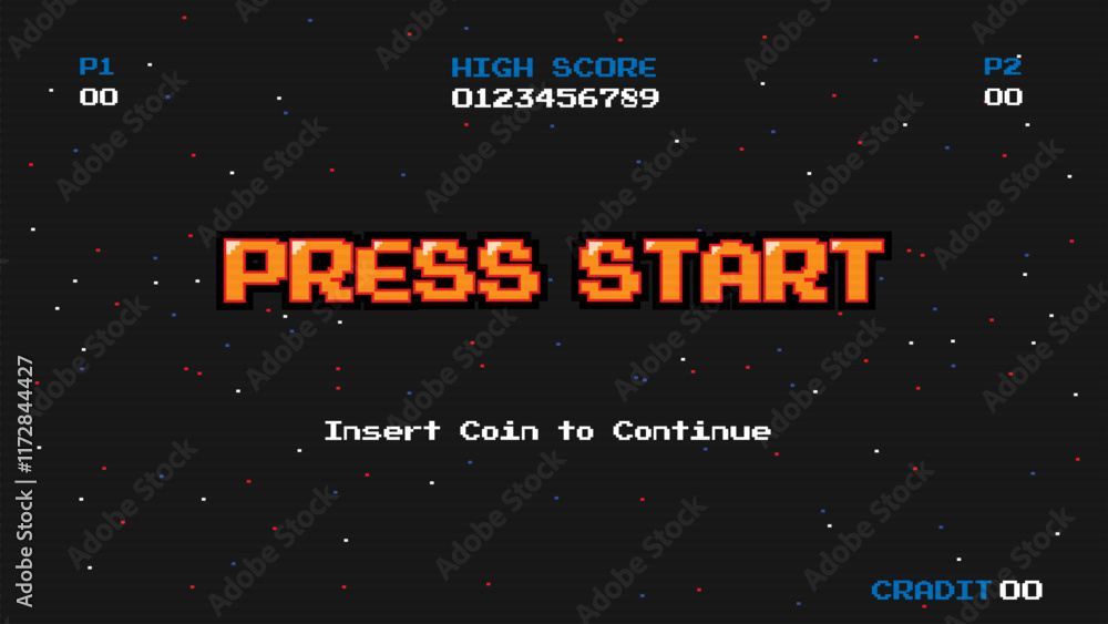 Poster press start insert a coin to continue .pixel art .8 bit game.retro game. for game assets in vector i