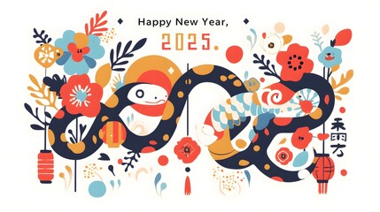 Naklejka premium Happy Chinese Lunar New Year 2025 Year of the Snake greeting card poster background template