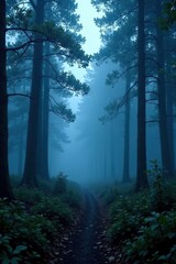 Obraz premium A blanket of fog envelops a forest, shrouding it in mystery, quiet night, forest at dusk, hidden world