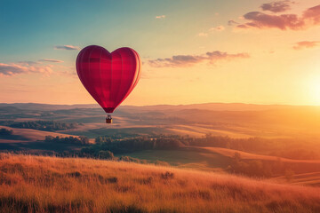 Fototapeta premium A hot air balloon in the shape of a heart floating over a dreamy landscape, valentine concept