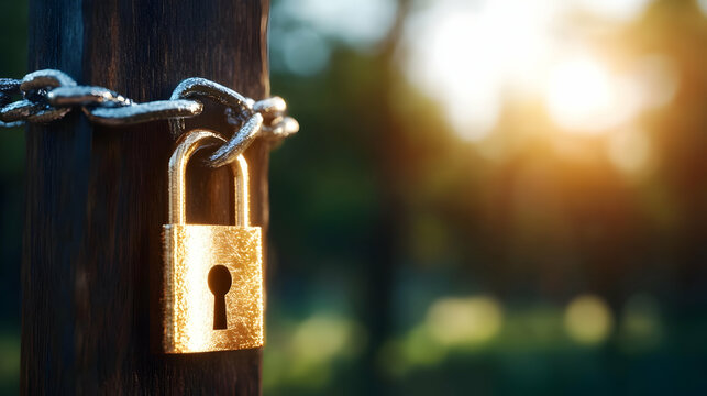 Padlock secured with chain on wooden post, sunset background; symbolizes security, protection, or privacy; ideal for websites, blogs, or articles about safety