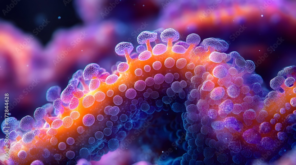 Poster close-up view of a coronavirus. detailed image showing its surface proteins and structure. microscop