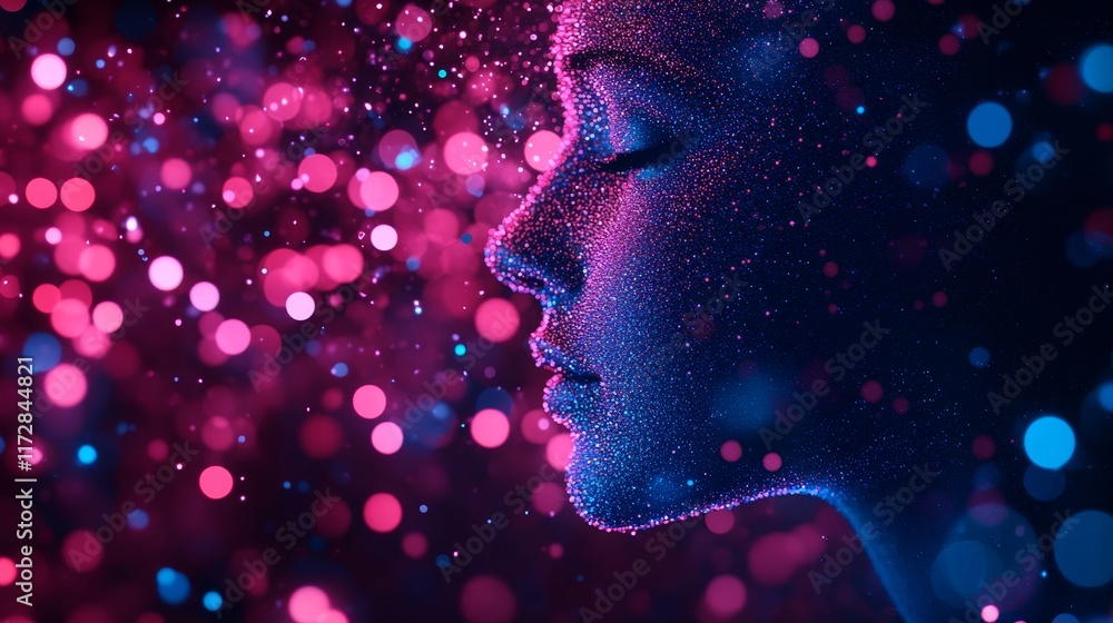 Poster digital face profile with emerging particles on sparkling background, ai or vr concept.