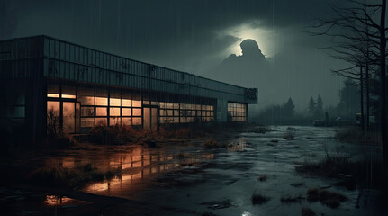 An illustration of an abandoned office building in the rain