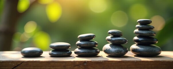 A row of stacked stones on a wooden shelf with natural light filtering through, Stones, Zen