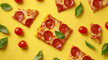  Pepperoni Pizza Slices with Basil Leaves and Cherry Tomatoes on Yellow Background