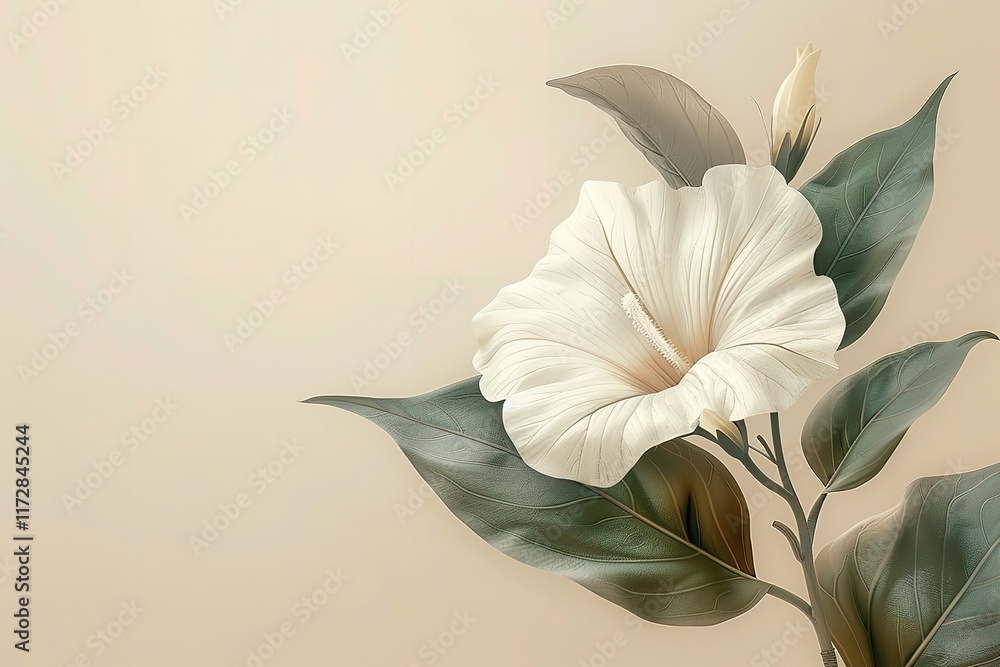Fototapete a close-up of a representation of a moonflower on a light beige backdrop with an extensive area for 