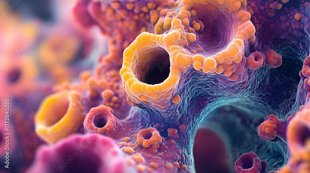 Poster a close-up view of vibrant cellular structures, showcasing intricate detail and biological complexit