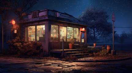 An illustration of a small restaurant at night