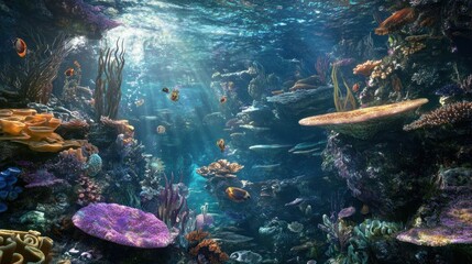 Vibrant underwater coral reef scene with sunlight filtering through the water, showcasing diverse marine life and coral formations.