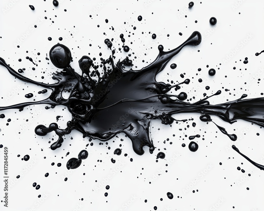 Poster an artistic display of fluid dynamics, this image vividly captures black paint splattering against a