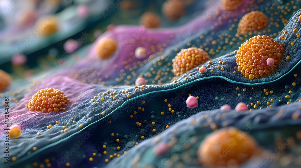 Aufkleber close-up view of a 3d render of cells. shows intricate details and vibrant colors. microscopic of he