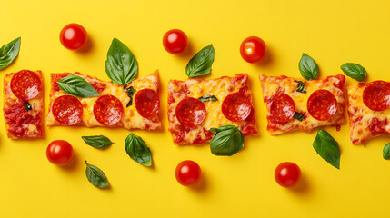  Pepperoni Pizza Slices with Basil Leaves and Cherry Tomatoes on Yellow Background