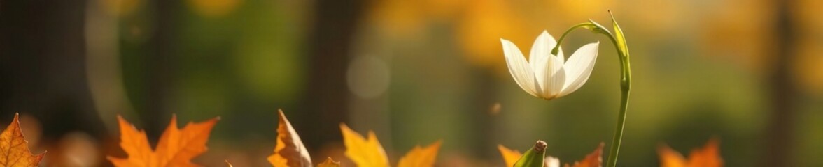 Obraz premium Delicate white petals unfolding on a slender stem amidst autumn foliage, nature photography, nature