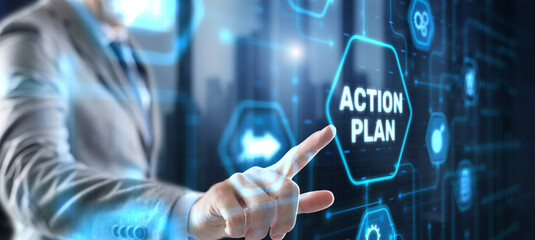 Businessman clicks action plan. Algorithm and strategy development business