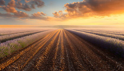 Naklejka premium Stunning sunset over a vast lavender field in Provence, France. Rows of purple lavender plants meet a plowed earth path, leading towards a vibrant sky.