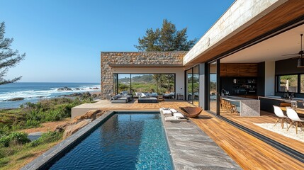 Fototapeta premium Modern coastal home with pool and ocean view.