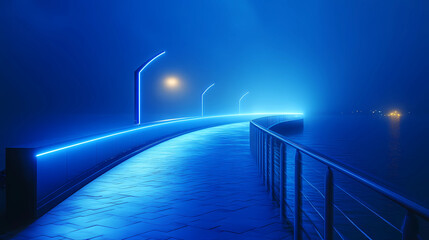 Shimmering LED Strips Along a Misty Promenade