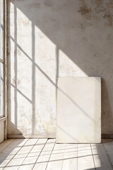 Obraz premium Empty white canvas stands on a distressed wooden floor in a vintage room with peeling paint