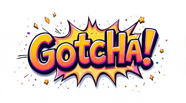 Colorful comic style gotcha text explosion with stars and confetti on white background