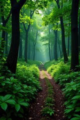 Obraz premium Overgrown dirt road snaking through a primeval forest, forest, underbrush