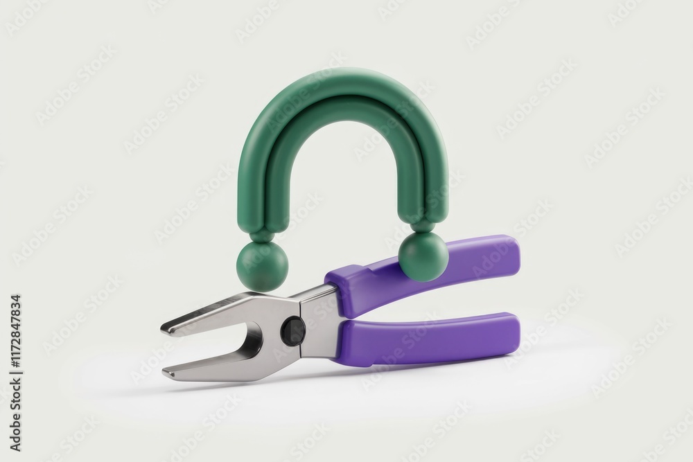 Fototapete A pair of pliers holds a green question mark, symbolizing problem-solving or uncertainty.