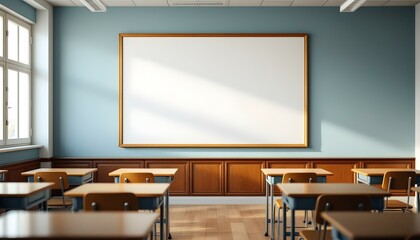 Background of an elementary school classroom depicts an empty space with desks and chairs and empty white board, evoking a sense of anticipation and nostalgia for back-to-school season, ai generated
