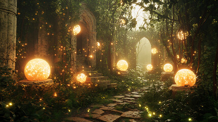 Fantasy ruins hidden in a dense forest surrounded by magical glowing orbs and shimmering plants 