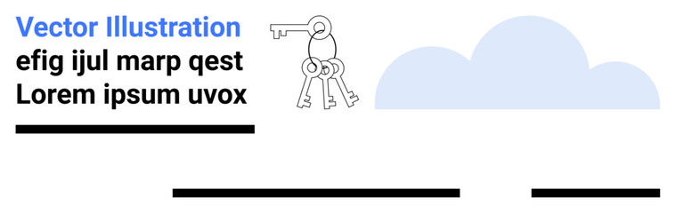 Set of keys with keychain, cloud graphic, and placeholder text lines. Ideal for security, data protection, business strategy, cloud storage, digital marketing, technology solutions, and web design