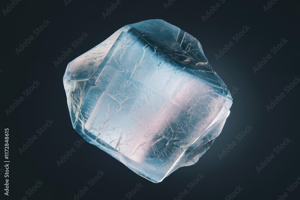 Poster a translucent, cube-shaped ice crystal with intricate cracks, isolated on a dark background.