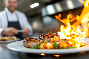 Flamb?ed steaks, gourmet restaurant kitchen, chef preparing dish, delicious food, restaurant menu