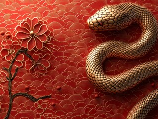 Fototapeta premium Golden snake coiled on red floral background.
