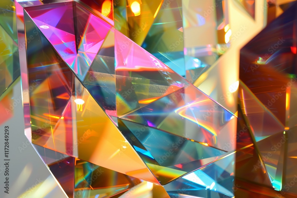 Poster light is refracting through colorful glass prisms, creating an abstract pattern