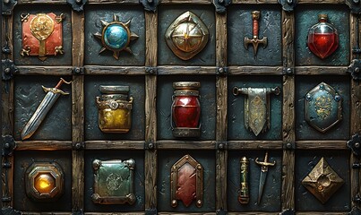 3D RPG inventory icons featuring weapons potions armor and tools on textured wood leather and metal backgrounds
