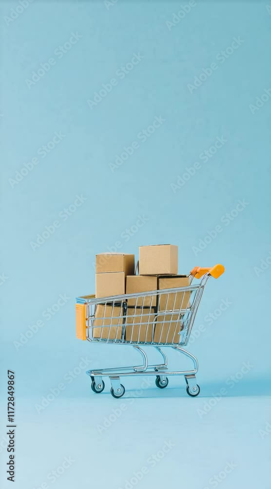 Poster miniature shopping cart full of cardboard boxes on a light blue background representing the concept 