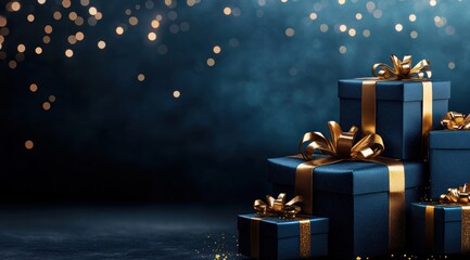 A stunning arrangement of dark blue gift boxes adorned with golden bows, set against a sparkling backdrop, perfect for celebrating special occasions and creating a festive atmosphere.