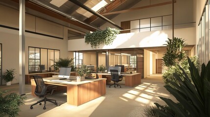 Fototapeta premium Modern Coworking Office Space with Desks and Green Plants