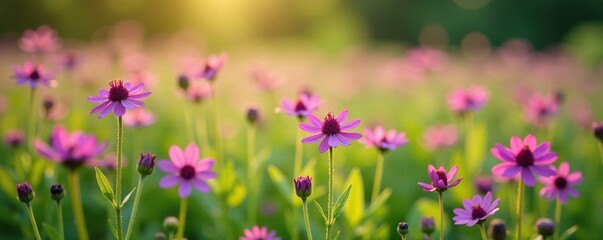 Obraz premium Pink and purple wildflowers blooming in a lush meadow, , flowers