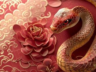 Obraz premium Red snake with ornate flowers and clouds.